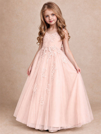 V Neck Lace Applique Tulle Flower Girl Dress Kids Wedding Party Princess Gown