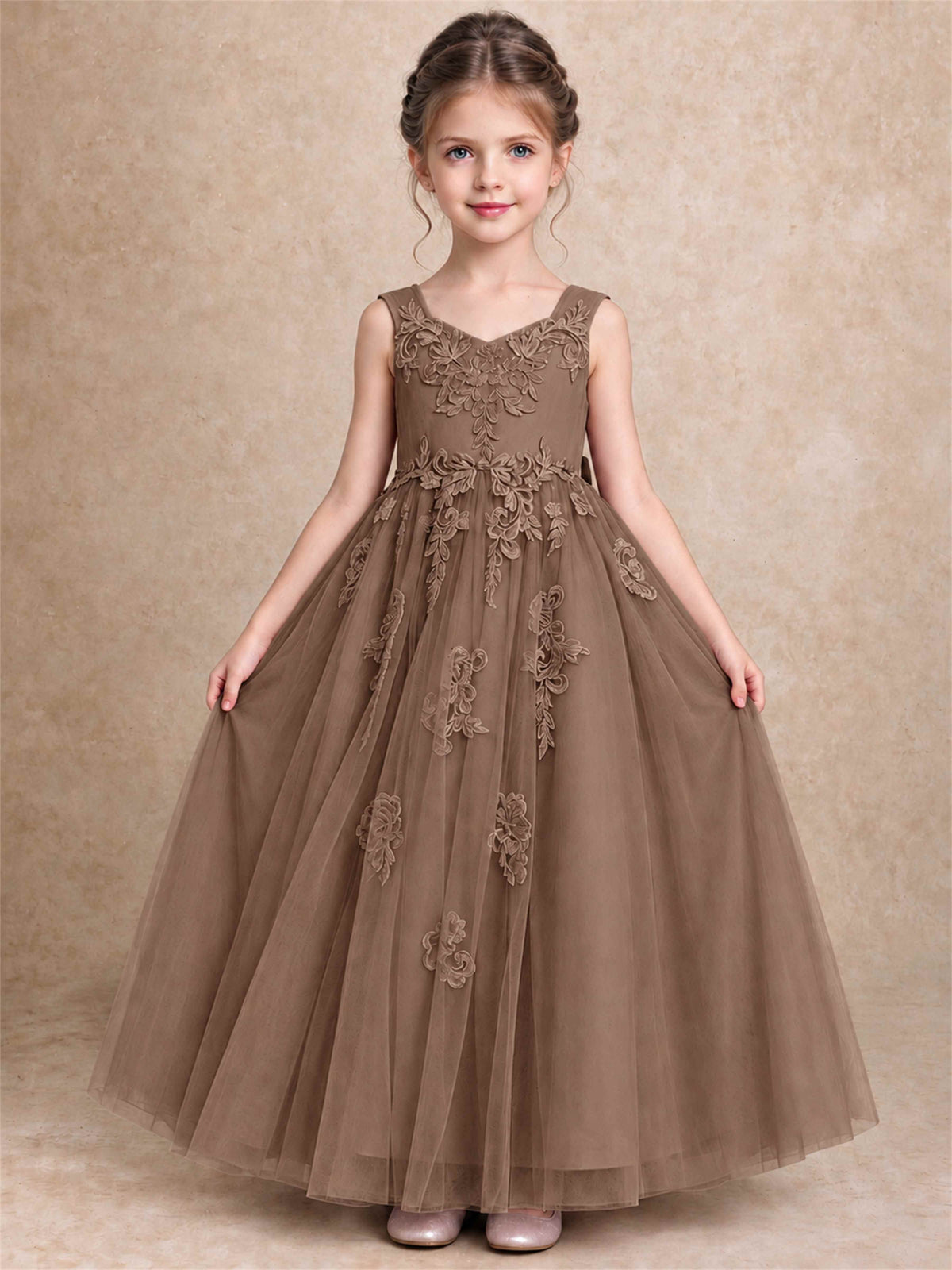 V Neck Lace Applique Tulle Flower Girl Dress Kids Wedding Party Princess Gown
