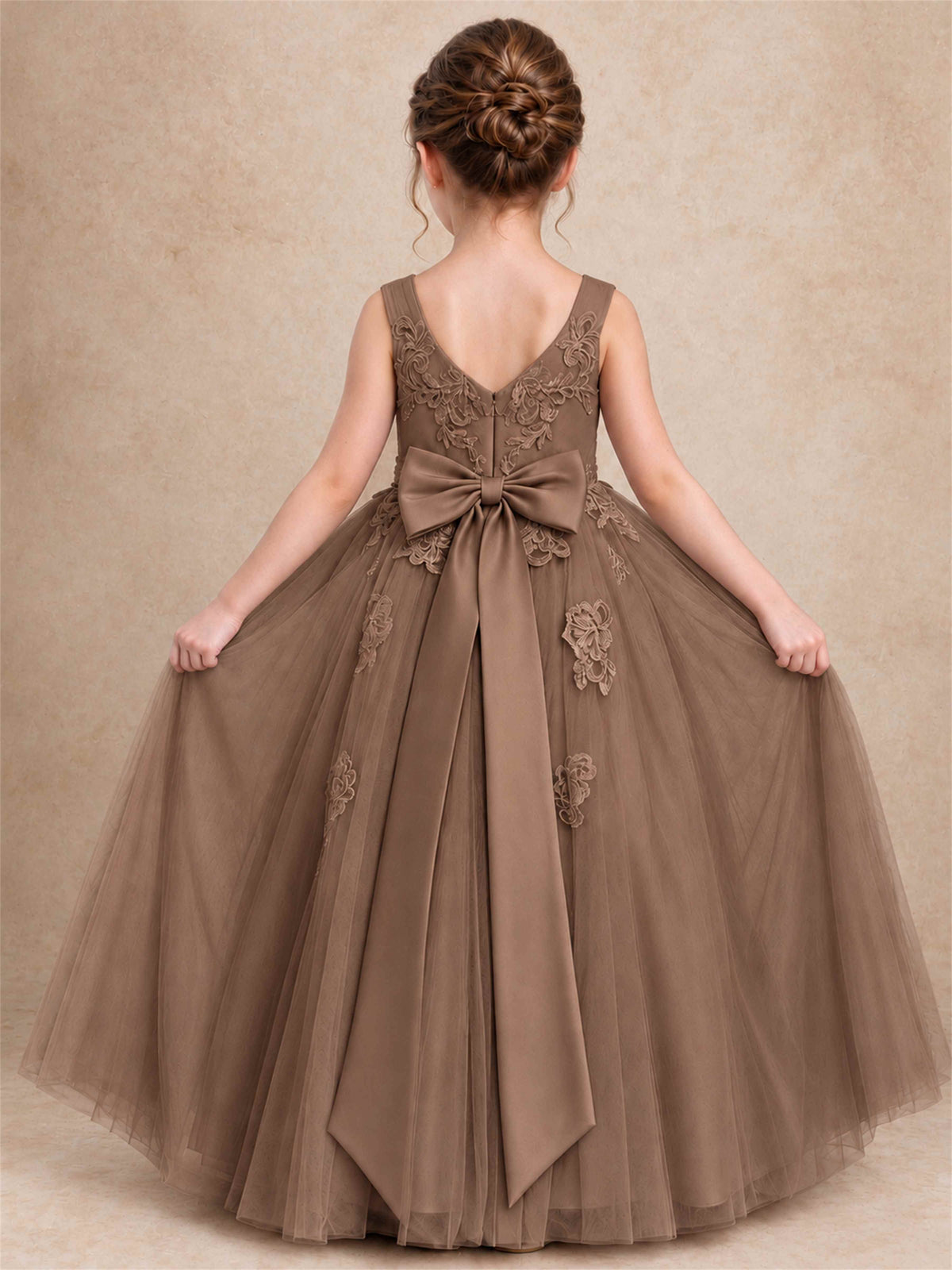 V Neck Lace Applique Tulle Flower Girl Dress Kids Wedding Party Princess Gown