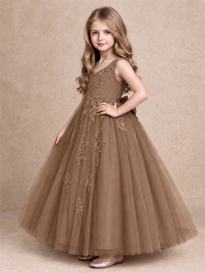 V Neck Lace Applique Tulle Flower Girl Dress Kids Wedding Party Princess Gown