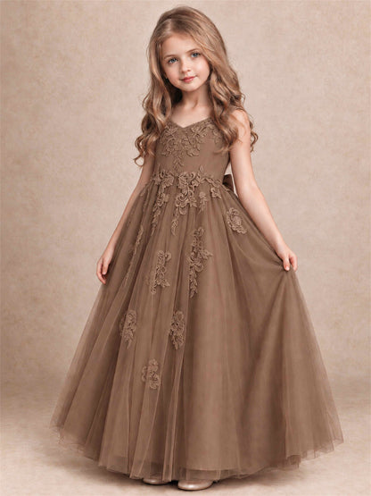V Neck Lace Applique Tulle Flower Girl Dress Kids Wedding Party Princess Gown