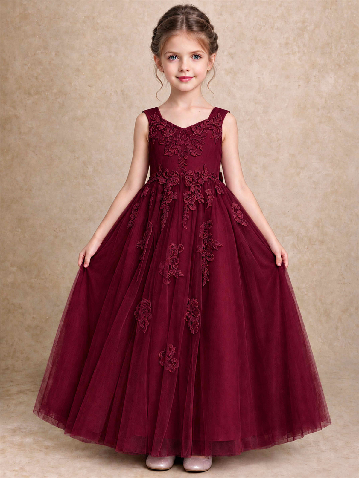 V Neck Lace Applique Tulle Flower Girl Dress Kids Wedding Party Princess Gown