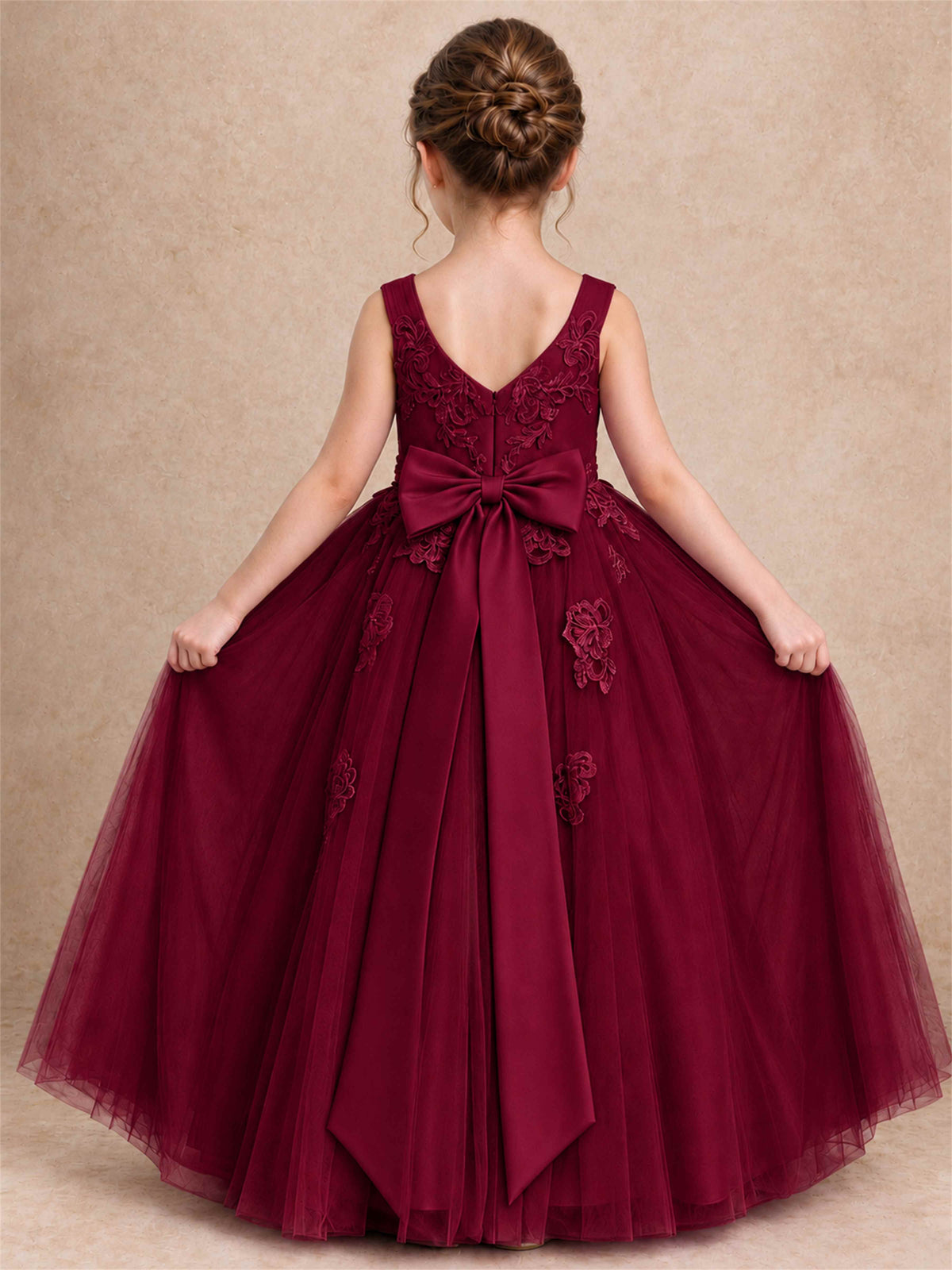 V Neck Lace Applique Tulle Flower Girl Dress Kids Wedding Party Princess Gown