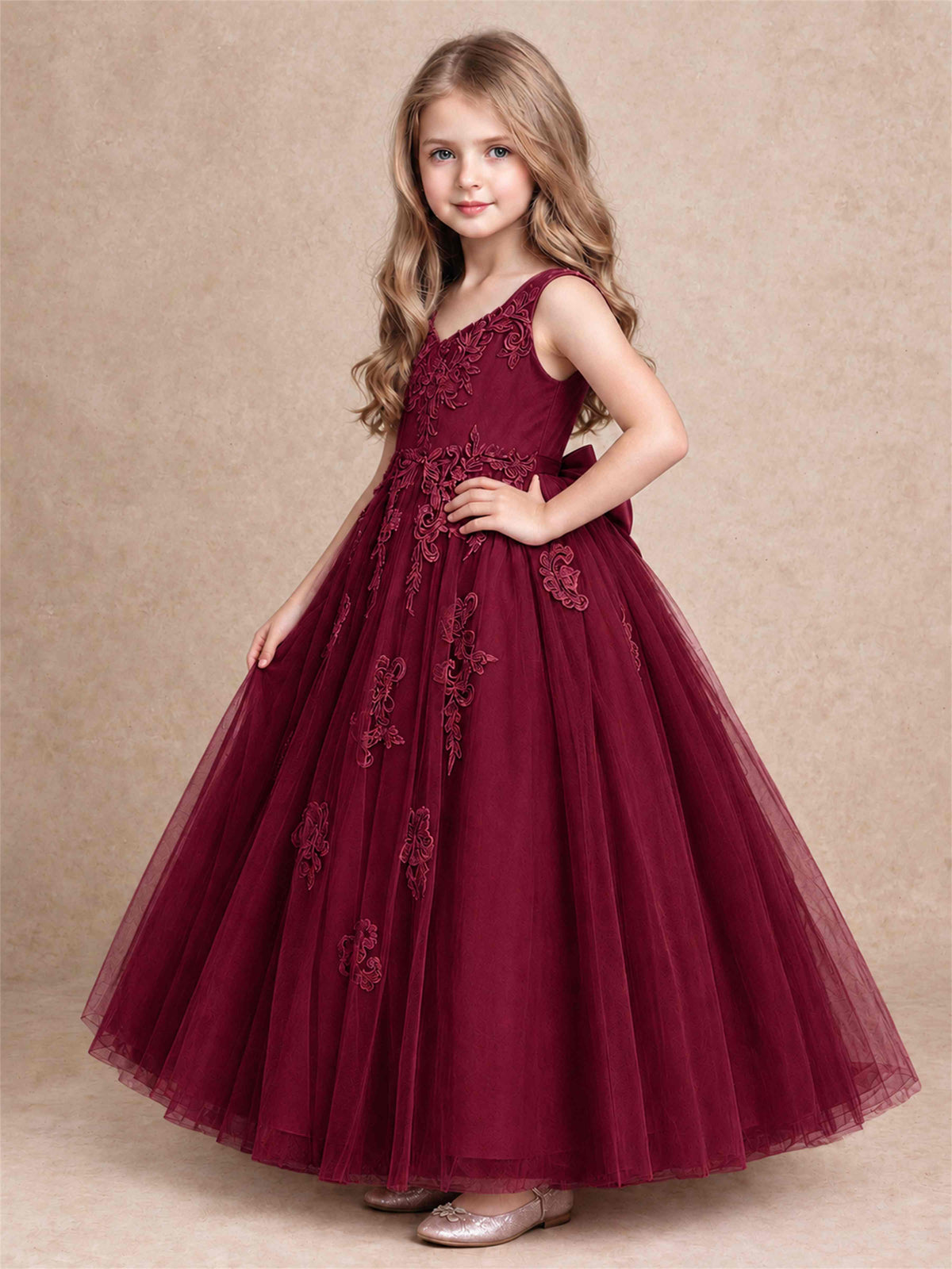 V Neck Lace Applique Tulle Flower Girl Dress Kids Wedding Party Princess Gown