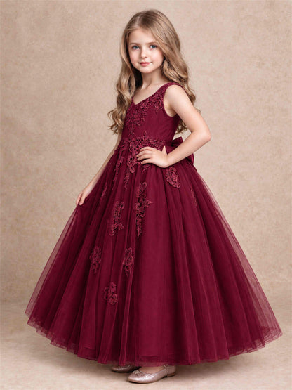V Neck Lace Applique Tulle Flower Girl Dress Kids Wedding Party Princess Gown