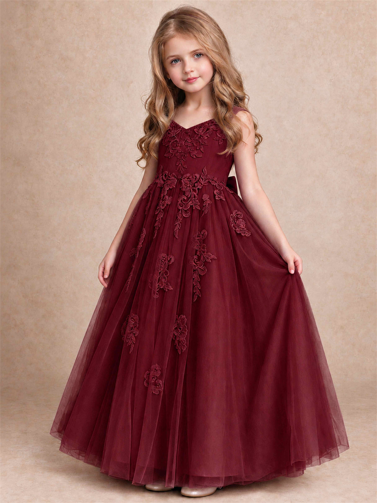 V Neck Lace Applique Tulle Flower Girl Dress Kids Wedding Party Princess Gown