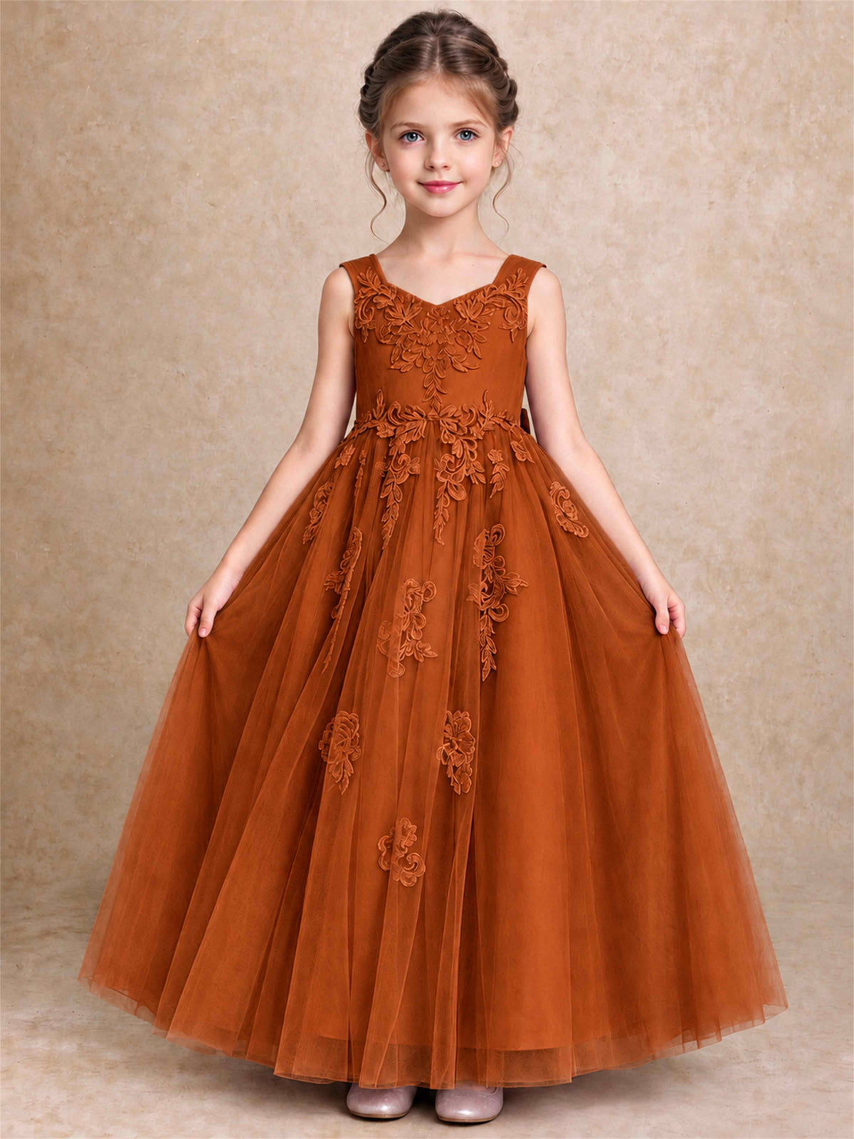 V Neck Lace Applique Tulle Flower Girl Dress Kids Wedding Party Princess Gown