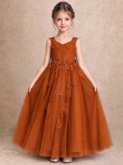 V Neck Lace Applique Tulle Flower Girl Dress Kids Wedding Party Princess Gown