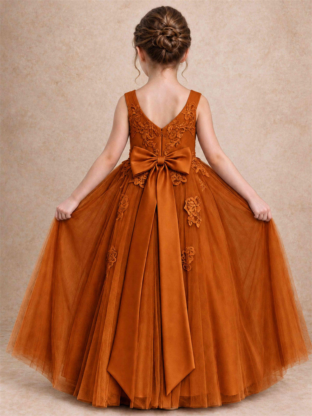 V Neck Lace Applique Tulle Flower Girl Dress Kids Wedding Party Princess Gown