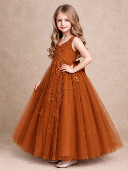V Neck Lace Applique Tulle Flower Girl Dress Kids Wedding Party Princess Gown