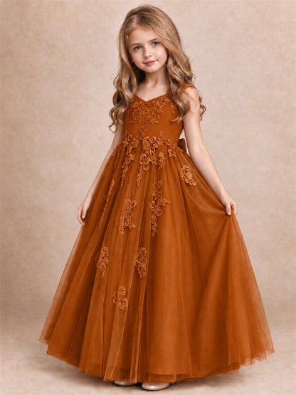 V Neck Lace Applique Tulle Flower Girl Dress Kids Wedding Party Princess Gown