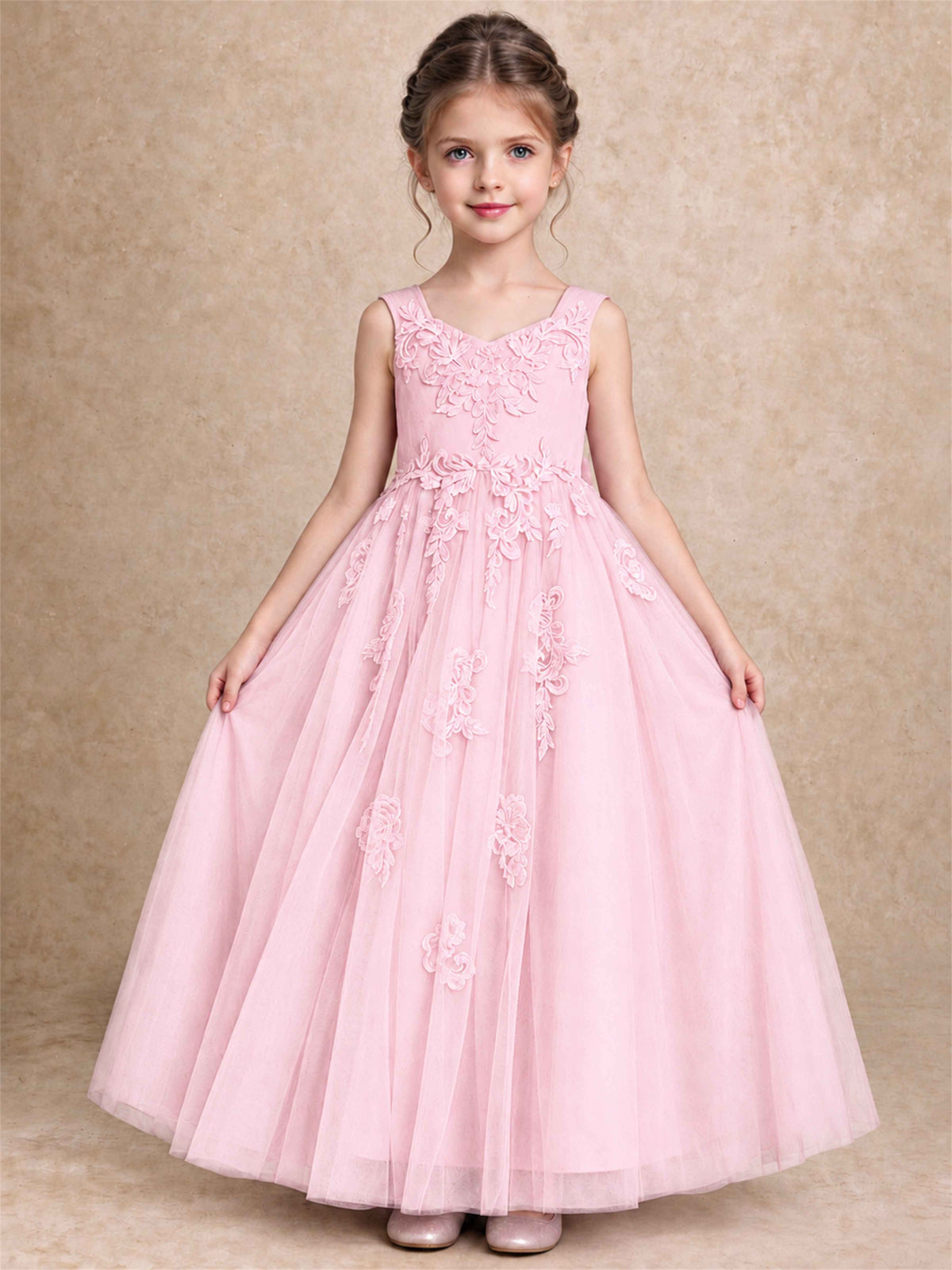 V Neck Lace Applique Tulle Flower Girl Dress Kids Wedding Party Princess Gown