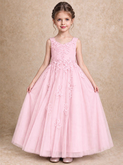 V Neck Lace Applique Tulle Flower Girl Dress Kids Wedding Party Princess Gown