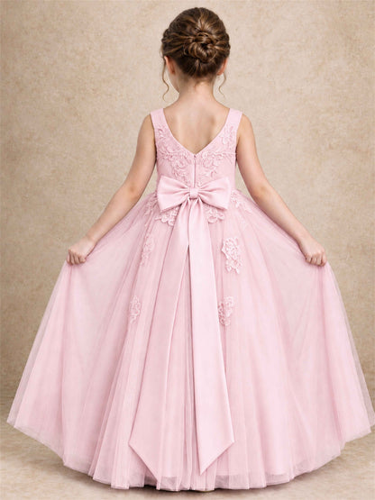 V Neck Lace Applique Tulle Flower Girl Dress Kids Wedding Party Princess Gown