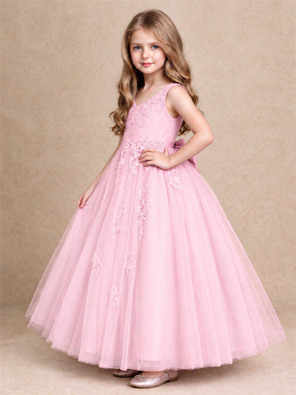 V Neck Lace Applique Tulle Flower Girl Dress Kids Wedding Party Princess Gown