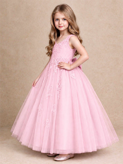 V Neck Lace Applique Tulle Flower Girl Dress Kids Wedding Party Princess Gown