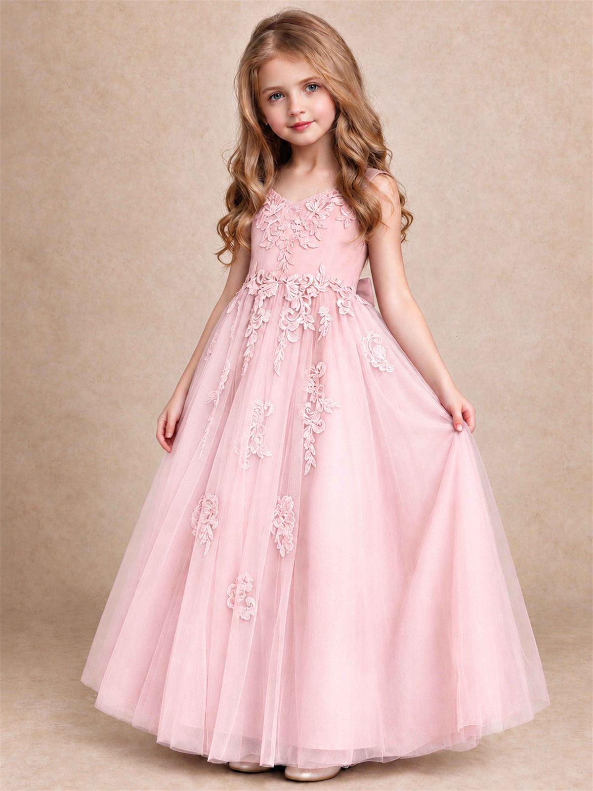 V Neck Lace Applique Tulle Flower Girl Dress Kids Wedding Party Princess Gown