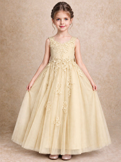 V Neck Lace Applique Tulle Flower Girl Dress Kids Wedding Party Princess Gown