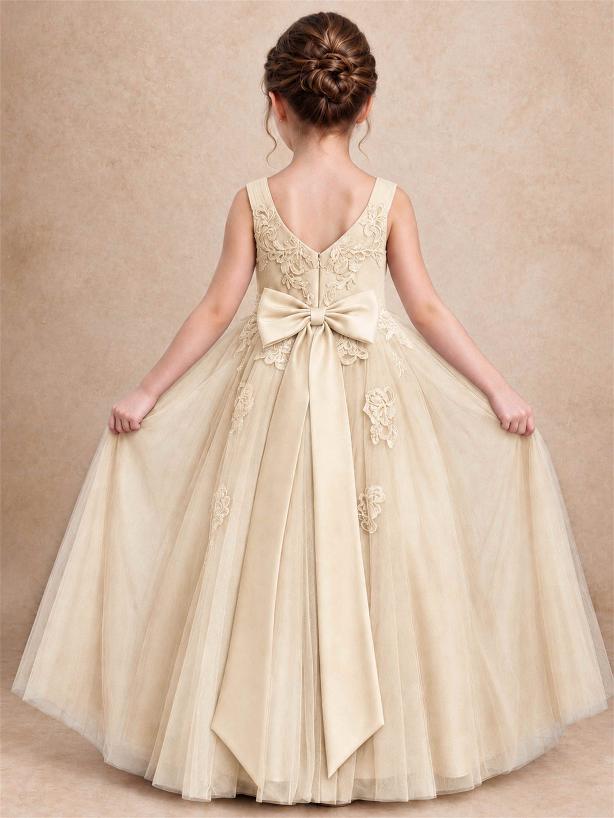 V Neck Lace Applique Tulle Flower Girl Dress Kids Wedding Party Princess Gown
