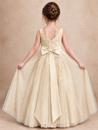 V Neck Lace Applique Tulle Flower Girl Dress Kids Wedding Party Princess Gown