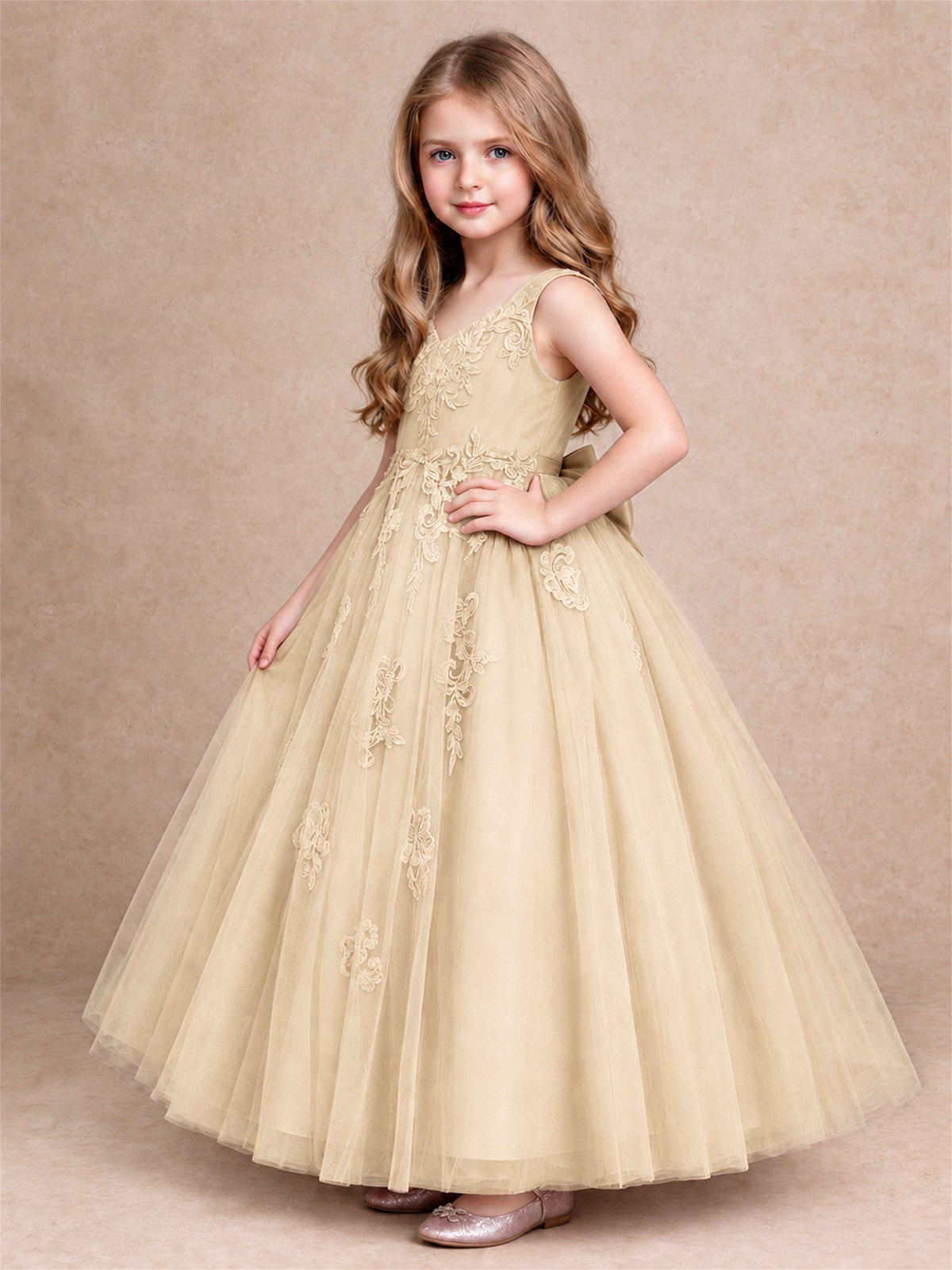 V Neck Lace Applique Tulle Flower Girl Dress Kids Wedding Party Princess Gown