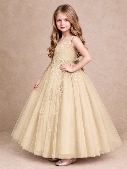V Neck Lace Applique Tulle Flower Girl Dress Kids Wedding Party Princess Gown