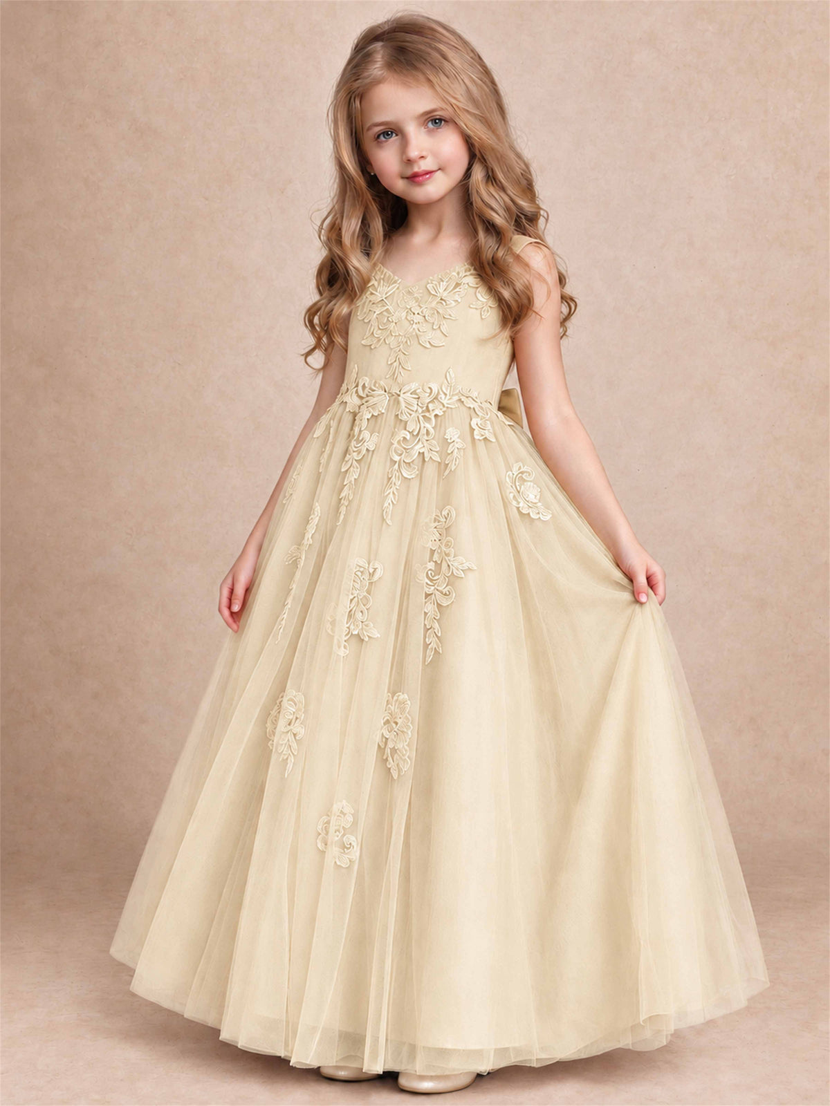 V Neck Lace Applique Tulle Flower Girl Dress Kids Wedding Party Princess Gown