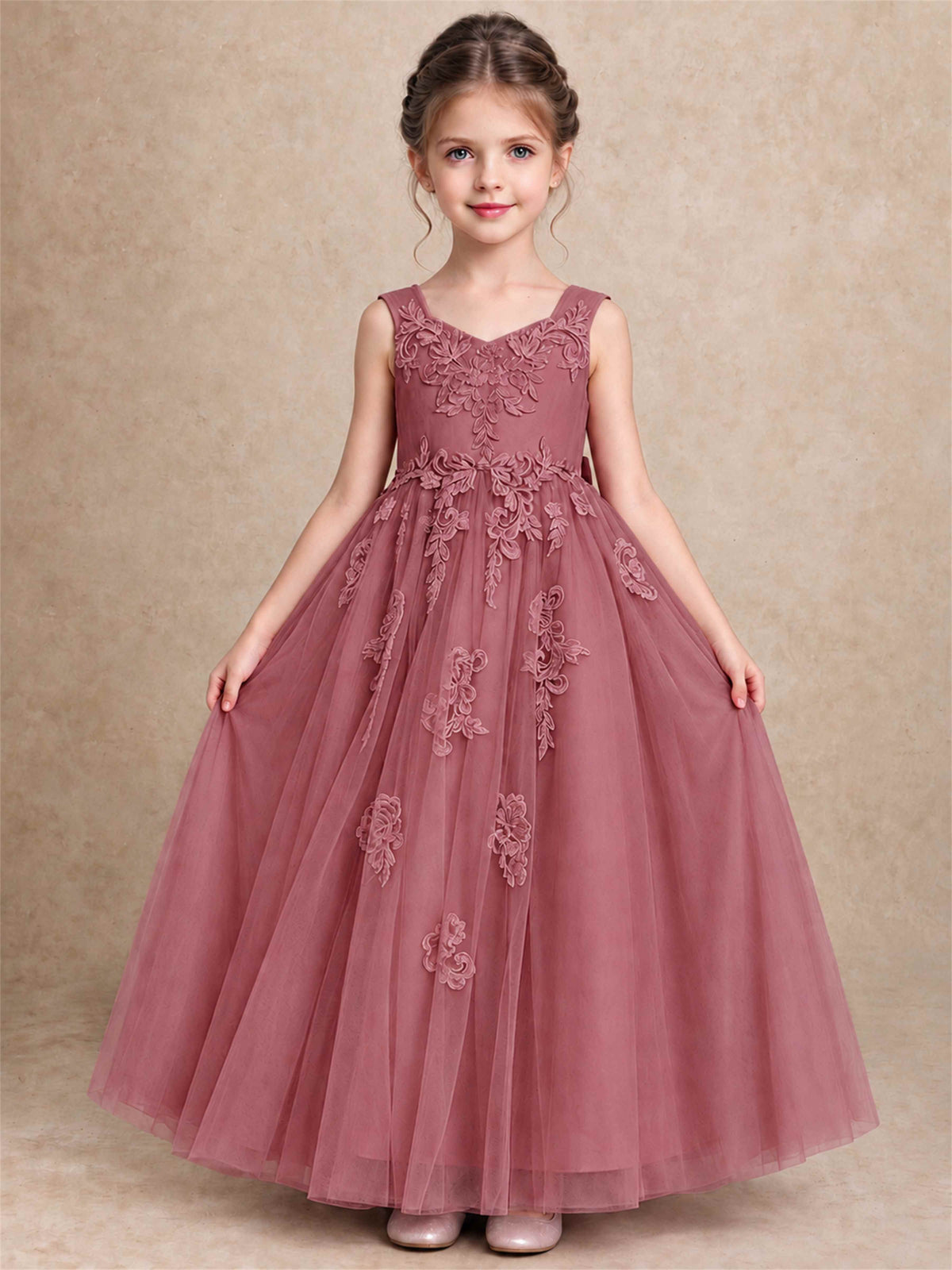 V Neck Lace Applique Tulle Flower Girl Dress Kids Wedding Party Princess Gown