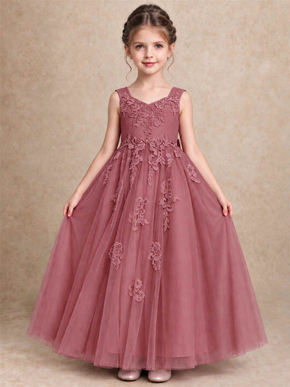 V Neck Lace Applique Tulle Flower Girl Dress Kids Wedding Party Princess Gown