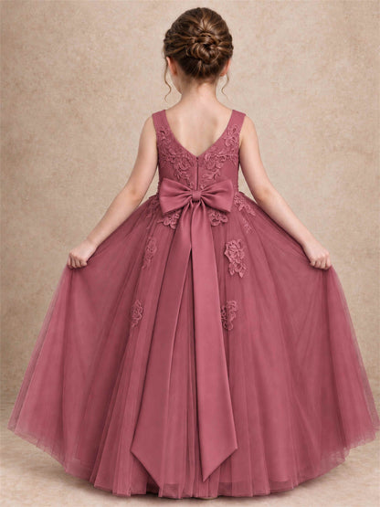 V Neck Lace Applique Tulle Flower Girl Dress Kids Wedding Party Princess Gown