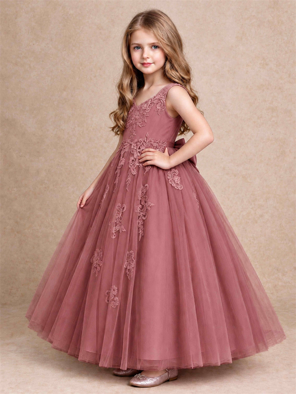 V Neck Lace Applique Tulle Flower Girl Dress Kids Wedding Party Princess Gown