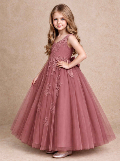 V Neck Lace Applique Tulle Flower Girl Dress Kids Wedding Party Princess Gown