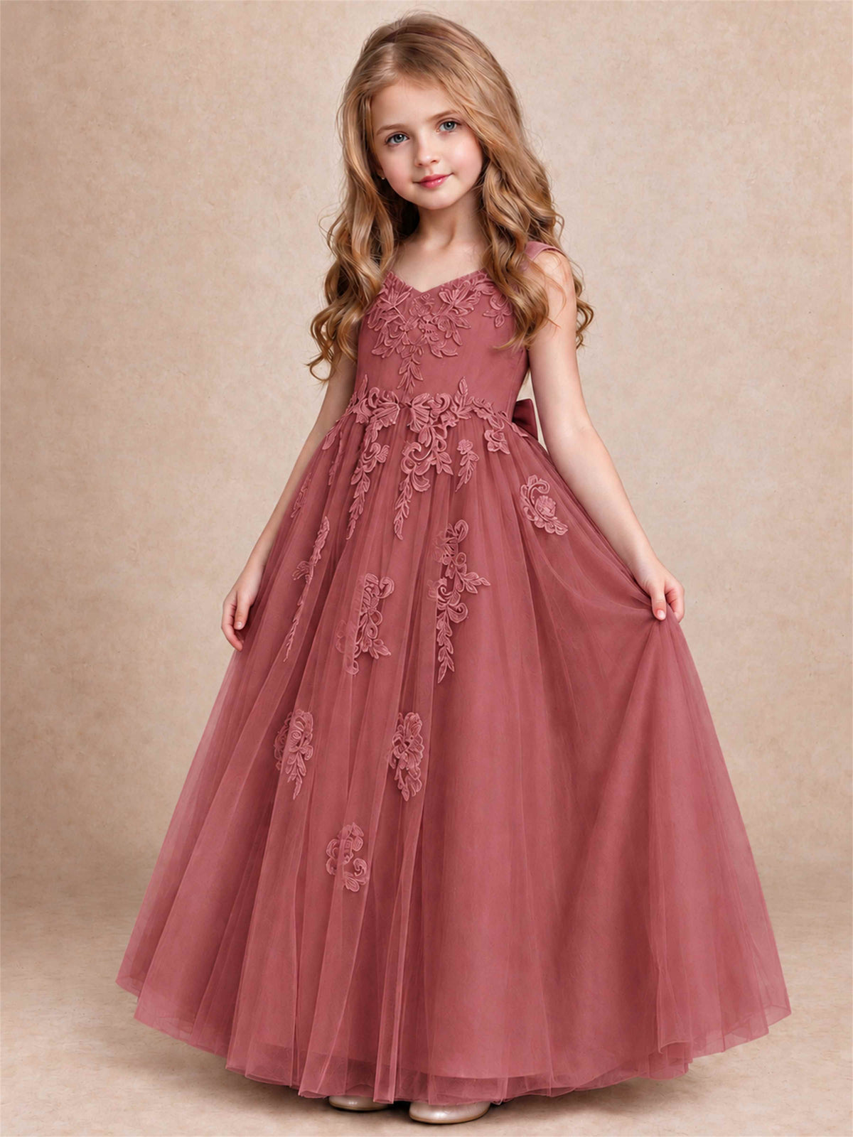 V Neck Lace Applique Tulle Flower Girl Dress Kids Wedding Party Princess Gown