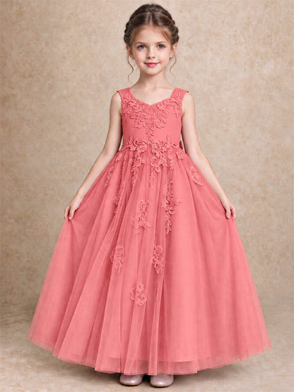 V Neck Lace Applique Tulle Flower Girl Dress Kids Wedding Party Princess Gown