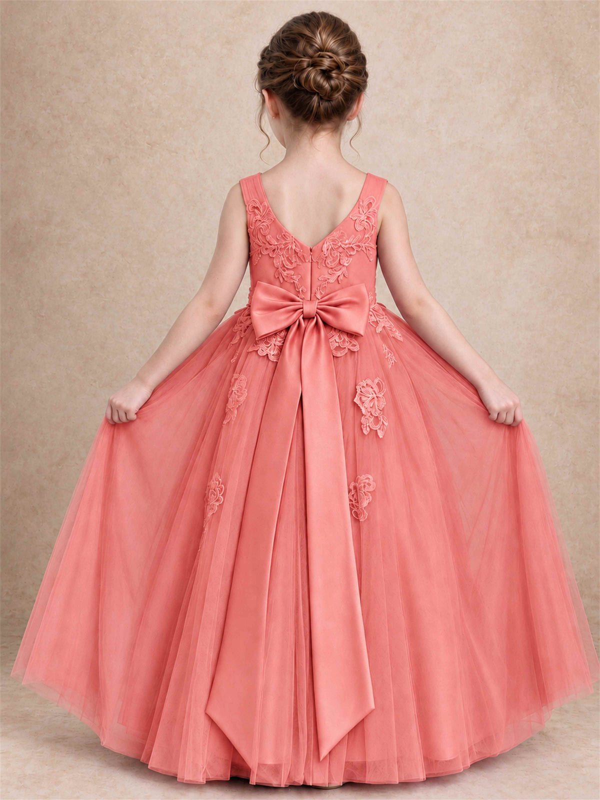 V Neck Lace Applique Tulle Flower Girl Dress Kids Wedding Party Princess Gown