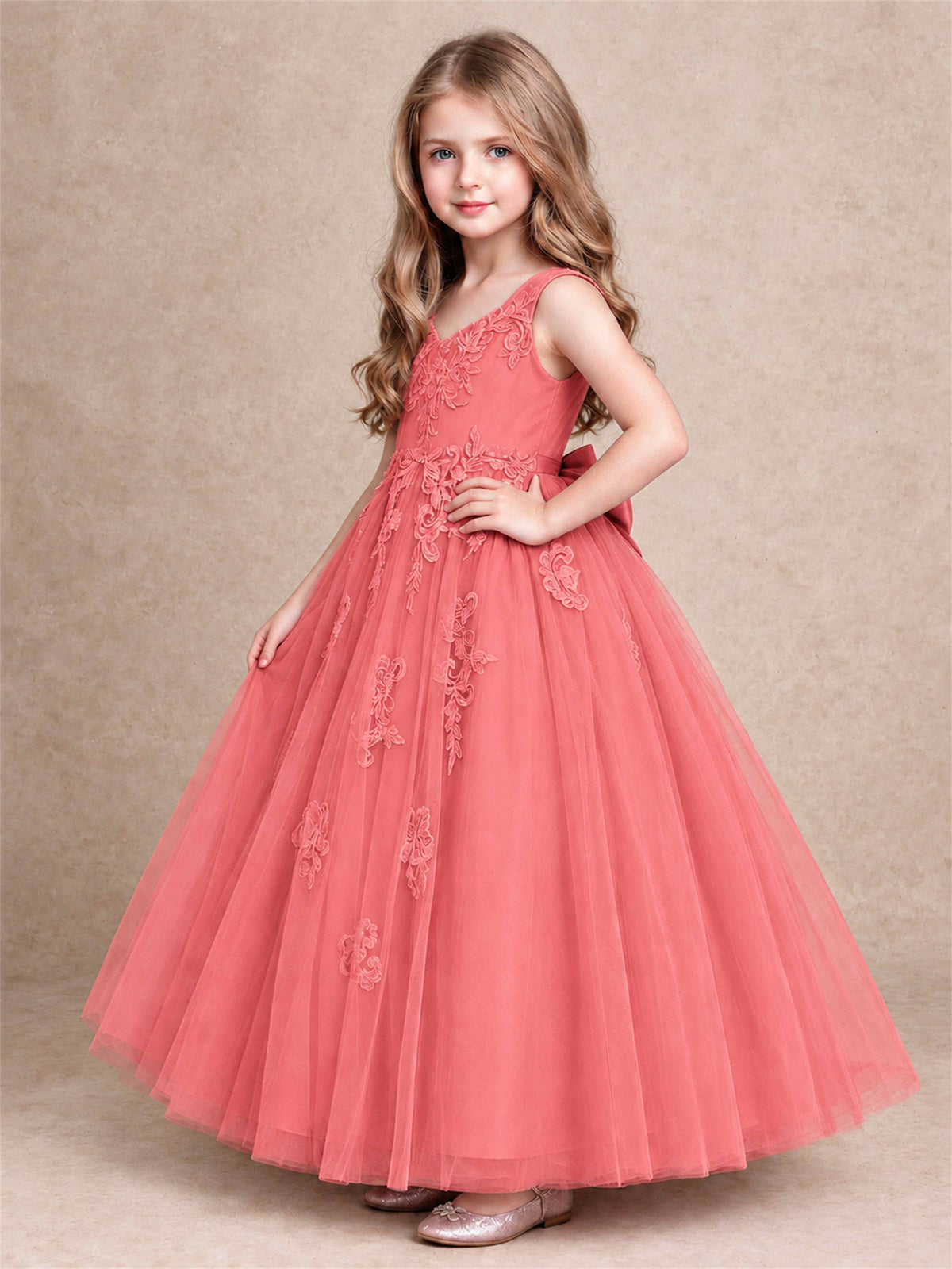 V Neck Lace Applique Tulle Flower Girl Dress Kids Wedding Party Princess Gown
