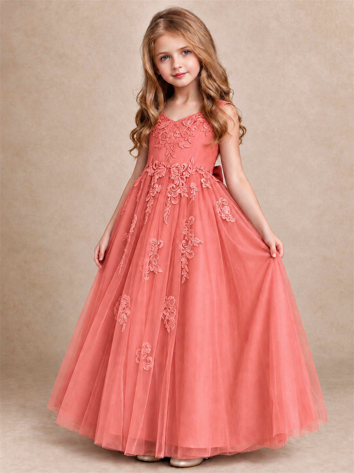 V Neck Lace Applique Tulle Flower Girl Dress Kids Wedding Party Princess Gown
