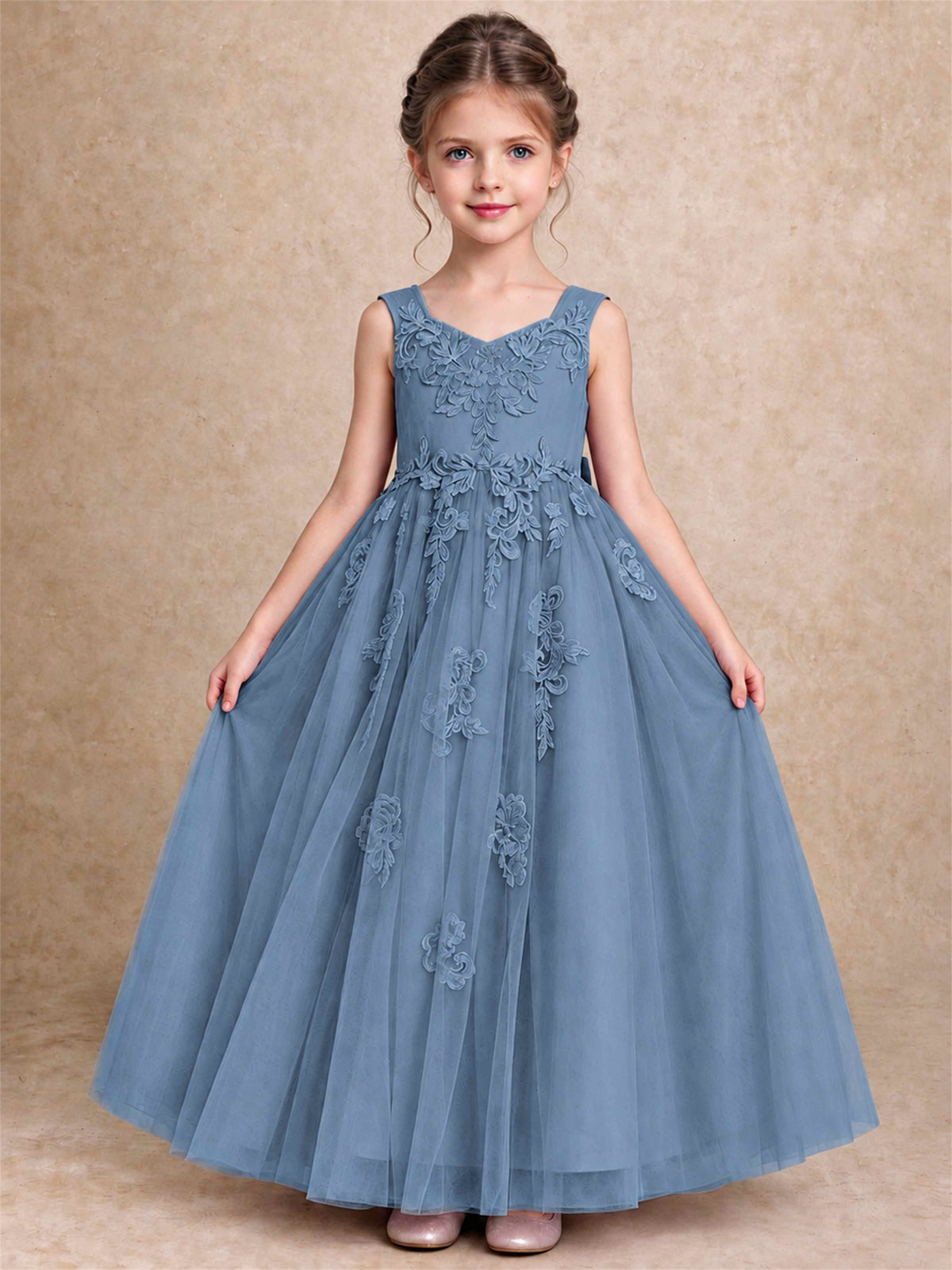 V Neck Lace Applique Tulle Flower Girl Dress Kids Wedding Party Princess Gown