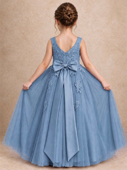 V Neck Lace Applique Tulle Flower Girl Dress Kids Wedding Party Princess Gown