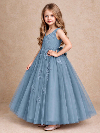 V Neck Lace Applique Tulle Flower Girl Dress Kids Wedding Party Princess Gown