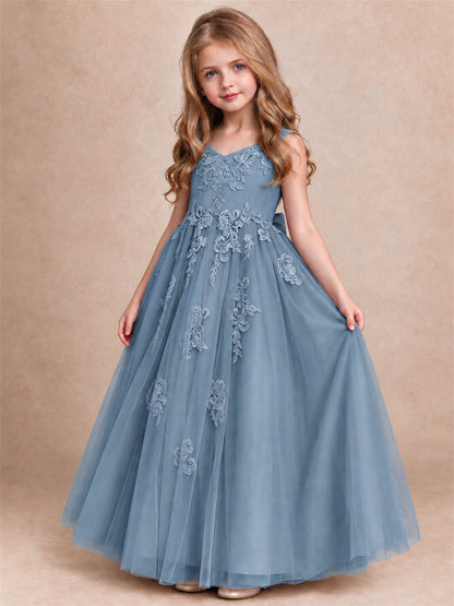 V Neck Lace Applique Tulle Flower Girl Dress Kids Wedding Party Princess Gown