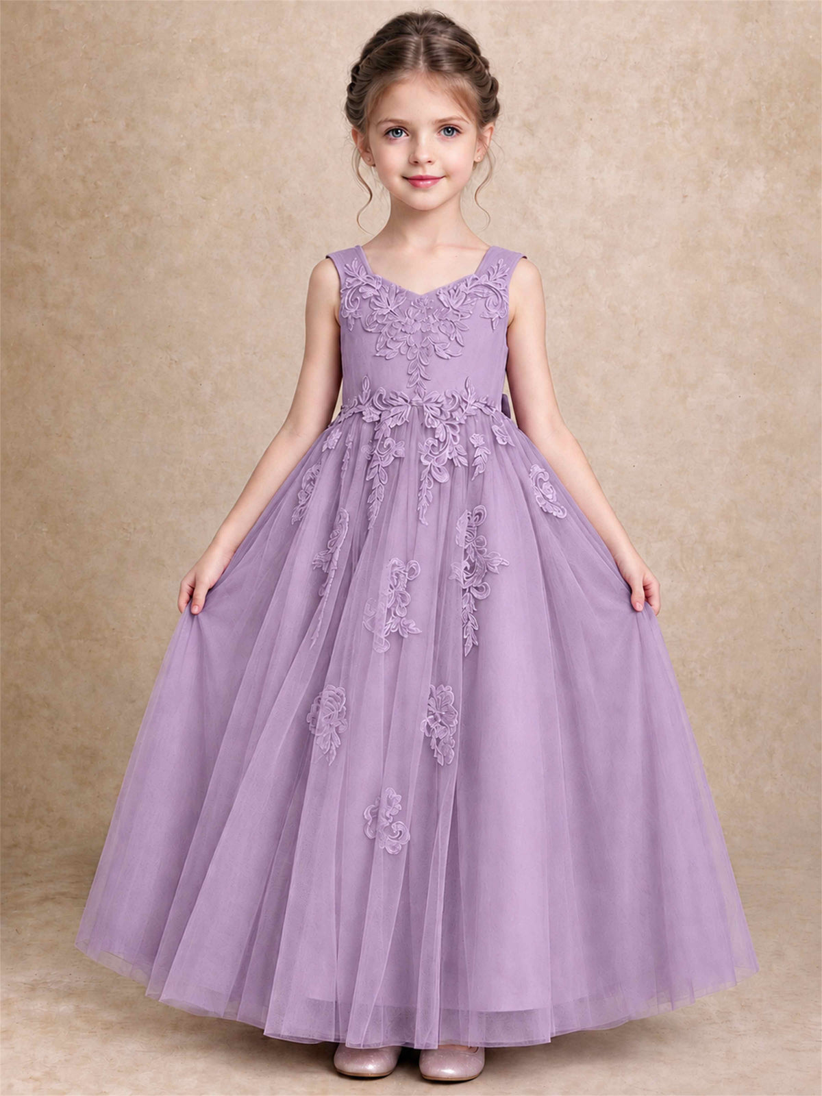 V Neck Lace Applique Tulle Flower Girl Dress Kids Wedding Party Princess Gown