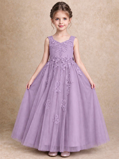 V Neck Lace Applique Tulle Flower Girl Dress Kids Wedding Party Princess Gown