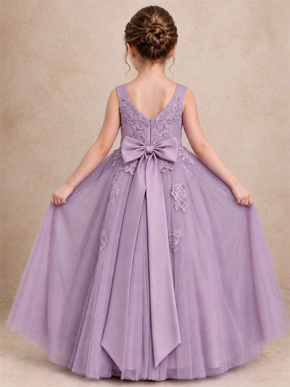 V Neck Lace Applique Tulle Flower Girl Dress Kids Wedding Party Princess Gown