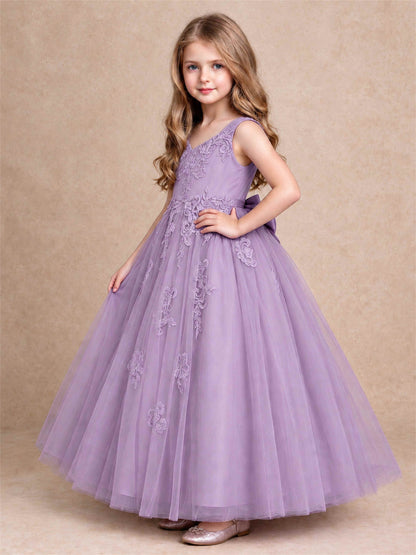 V Neck Lace Applique Tulle Flower Girl Dress Kids Wedding Party Princess Gown