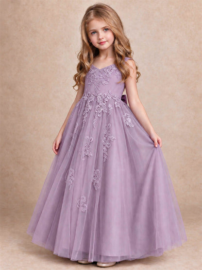 V Neck Lace Applique Tulle Flower Girl Dress Kids Wedding Party Princess Gown