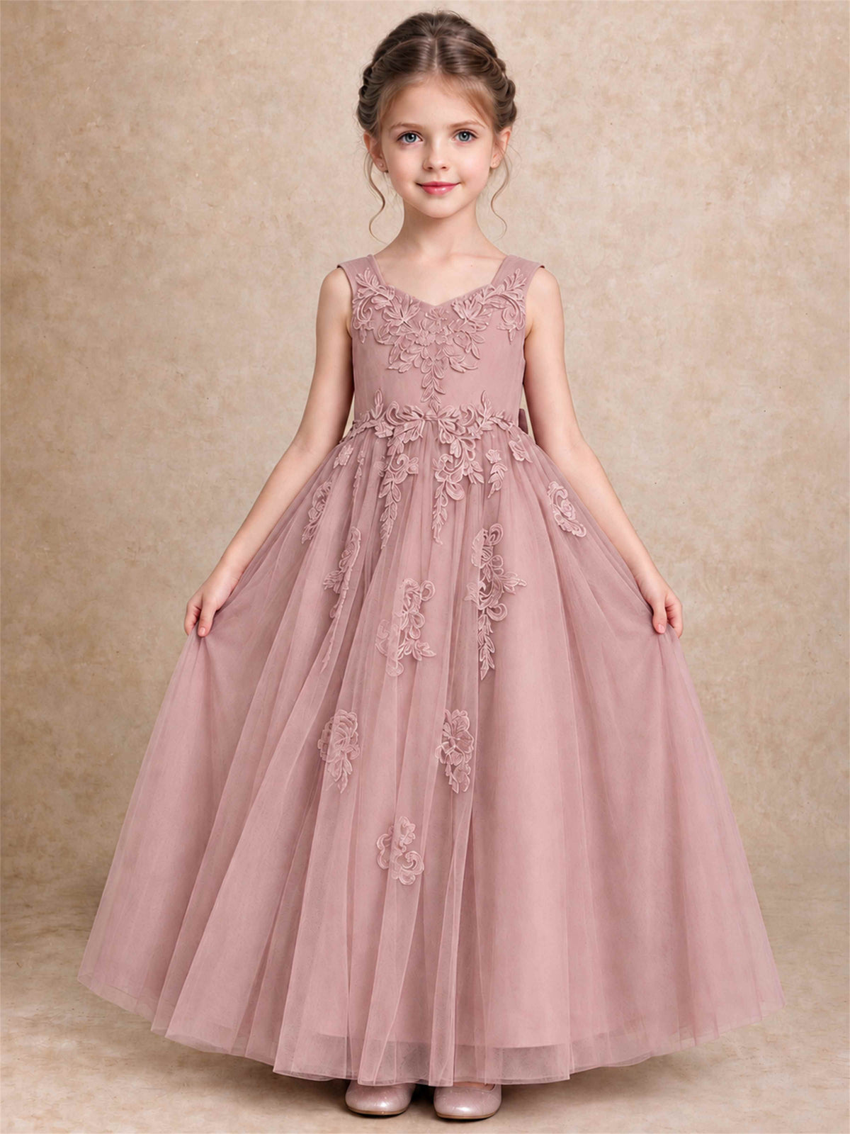 V Neck Lace Applique Tulle Flower Girl Dress Kids Wedding Party Princess Gown