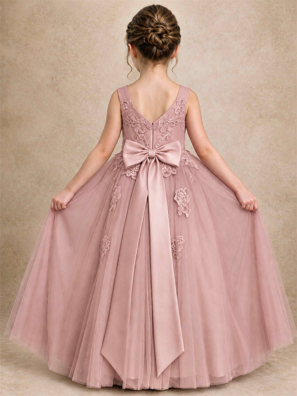 V Neck Lace Applique Tulle Flower Girl Dress Kids Wedding Party Princess Gown