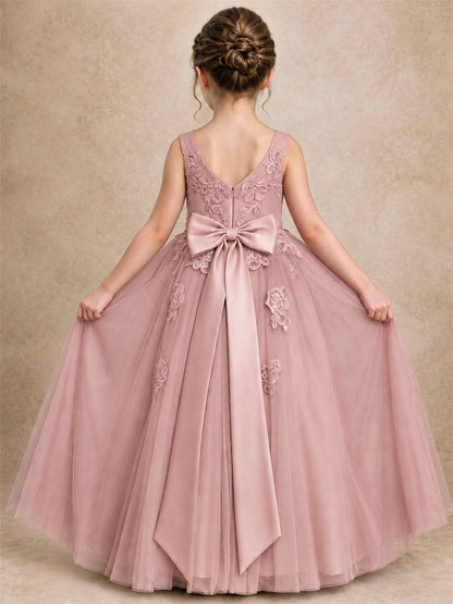 V Neck Lace Applique Tulle Flower Girl Dress Kids Wedding Party Princess Gown