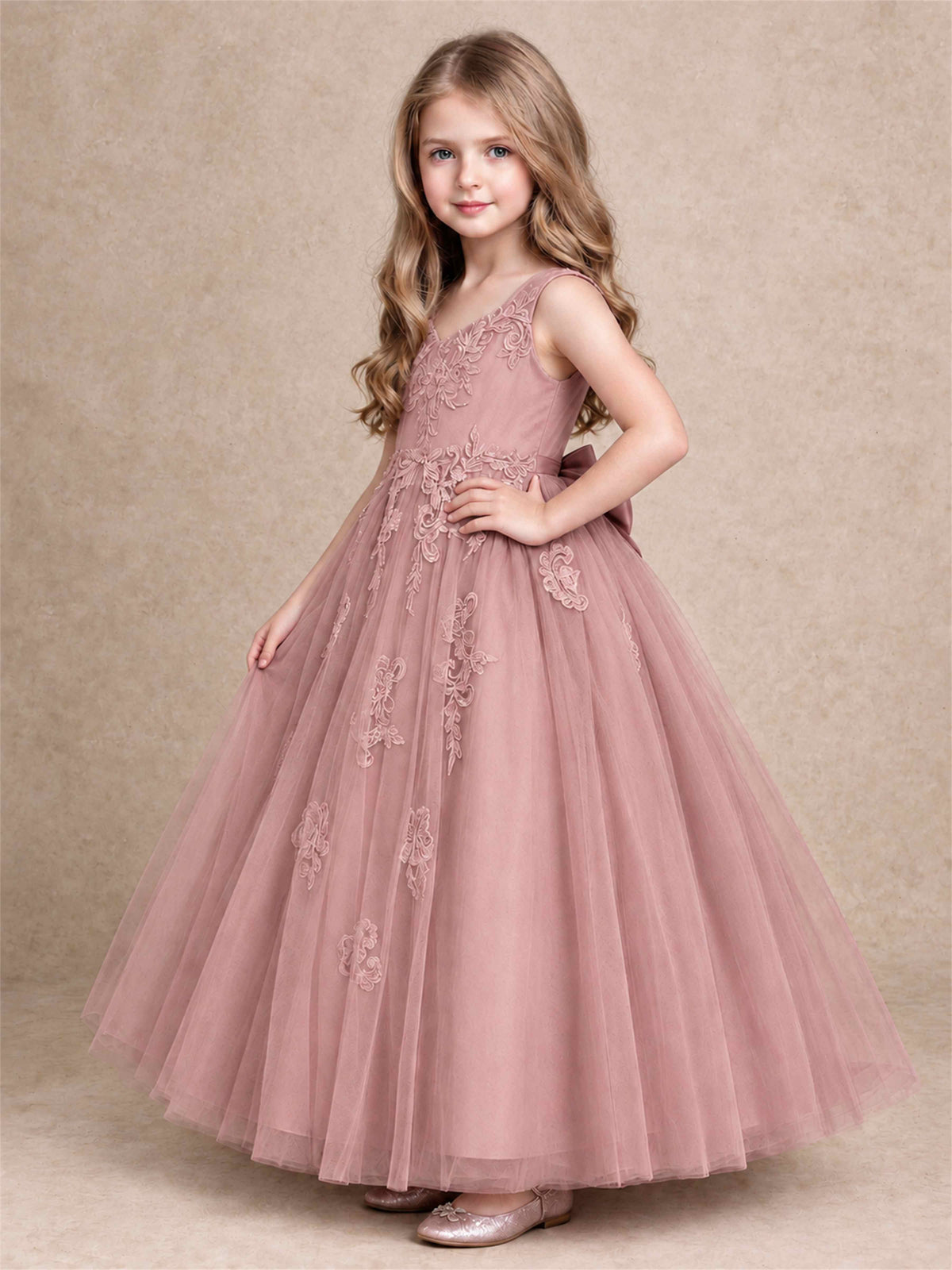 V Neck Lace Applique Tulle Flower Girl Dress Kids Wedding Party Princess Gown